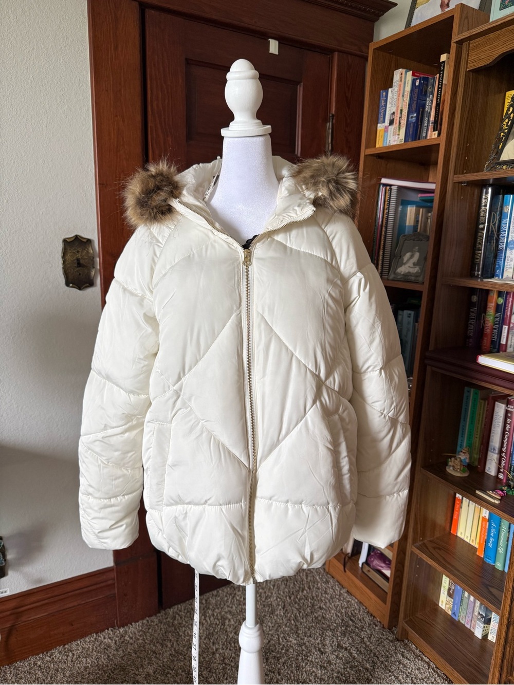 Maurices Ivory Puffer Jacket with Faux Fur Trim Hood-M